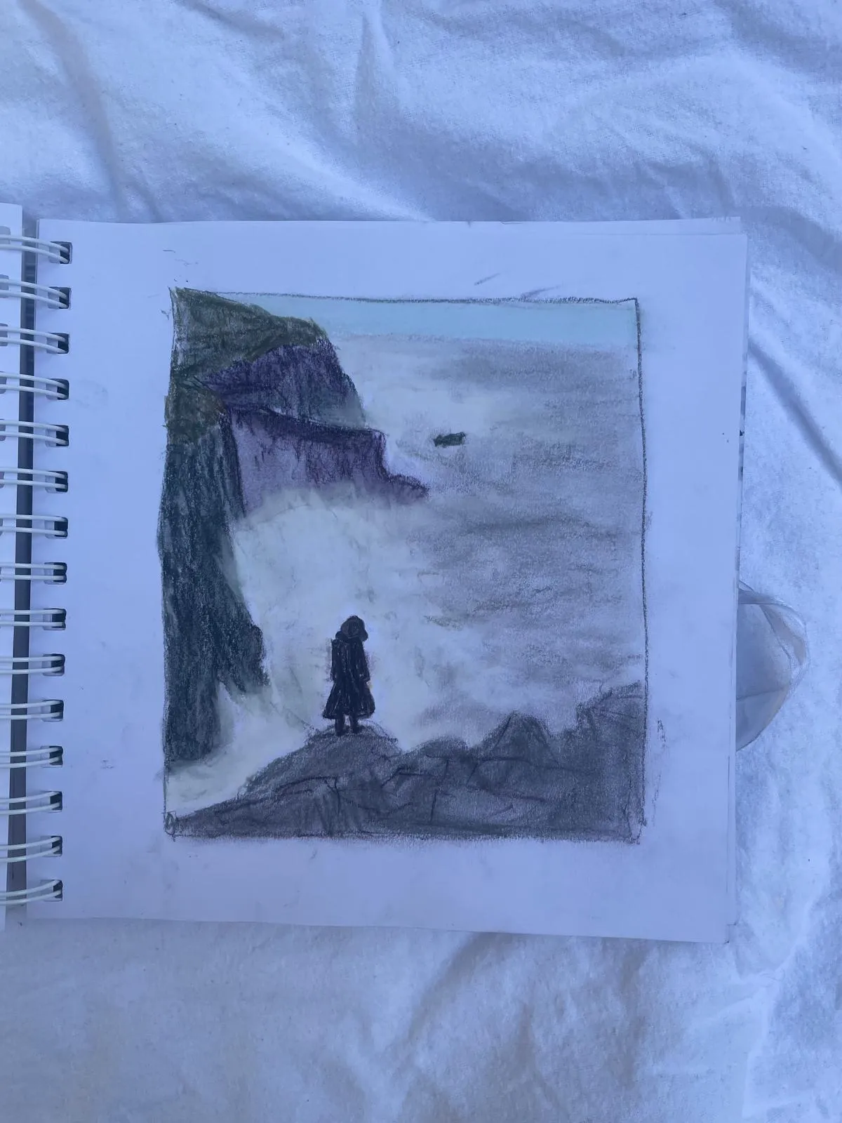 Pencil and charcoal sketch of a lone figure on a clifftop above the sea