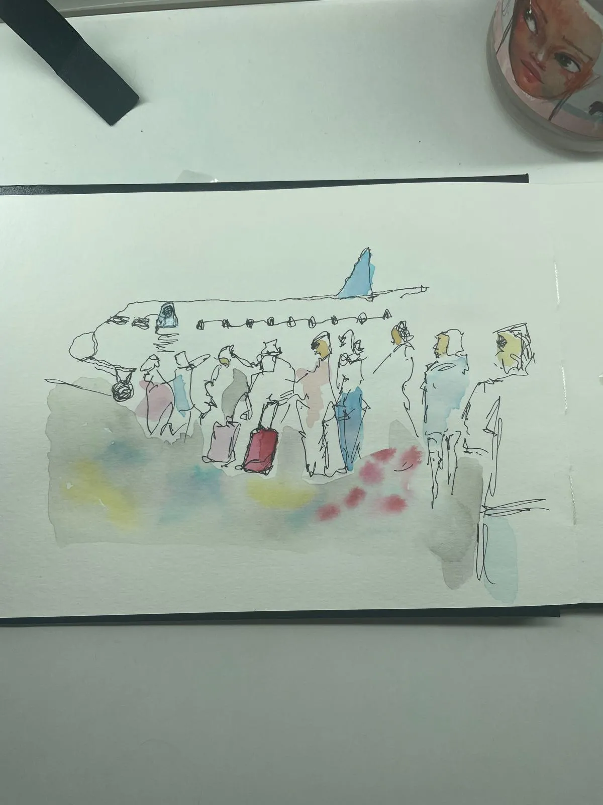 Continuous-line ink sketch of travellers boarding a plane, washed with watercolour